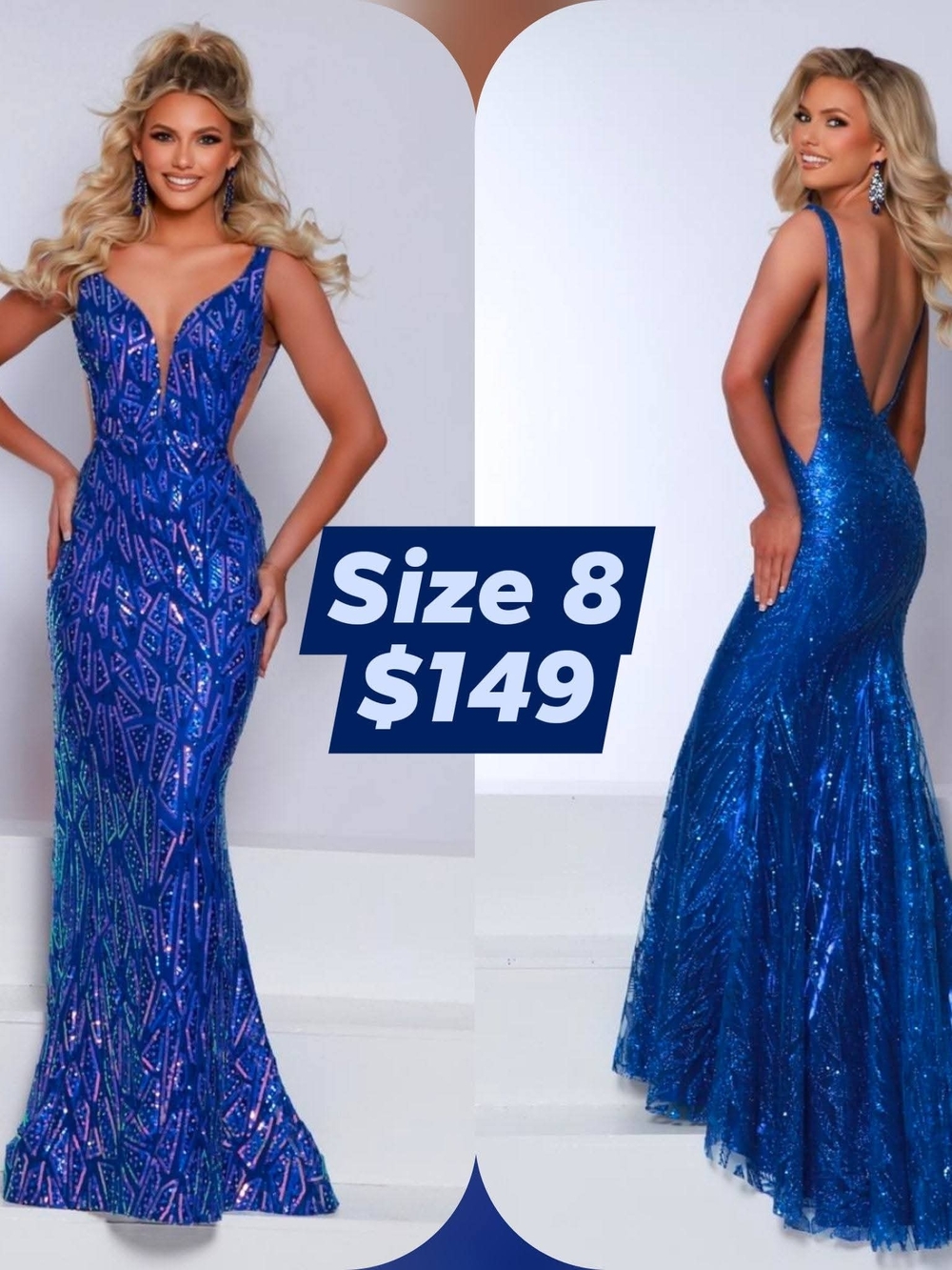 2 Cute Royal Blue Sequin Backless Mermaid Gown